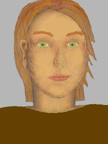 a portrait of a person with golden skin, red hair, and a brown coloured shirt