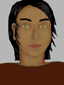 a portrait of a person with caramel skin, black hair, and a mahogany coloured shirt