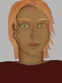 a portrait of a person with caramel skin, red hair, and a mahogany coloured shirt