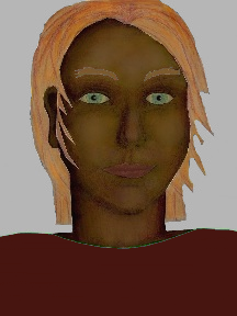 a portrait of a person with chocolate skin, red hair, and a mahogany coloured shirt