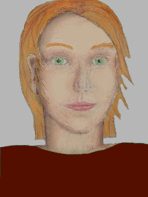 a portrait of a person with cream skin, red hair, and a mahogany coloured shirt