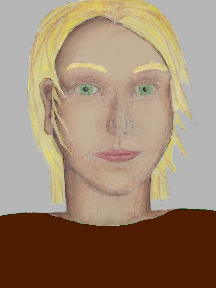 a portrait of a person with cream skin, blonde hair, and a mahogany brown coloured shirt