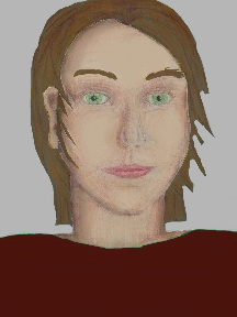 a portrait of a person with cream skin, brown hair, and a mahogany coloured shirt