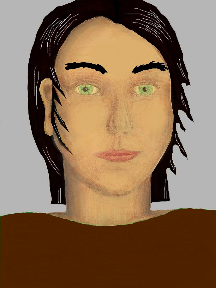 a portrait of a person with golden skin, black hair, and a magohany coloured shirt