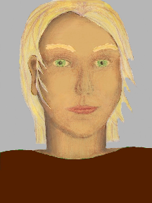 a portrait of a person with golden skin, blonde hair, and a mahogany coloured shirt