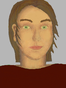 a portrait of a person with golden skin, brown hair, and a mahogany coloured shirt