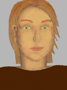 a portrait of a person with golden skin, red hair, and a mahogany coloured shirt