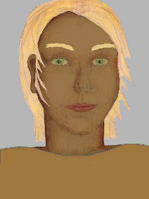 a portrait of a person with caramel skin, blonde hair, and a sienna coloured shirt