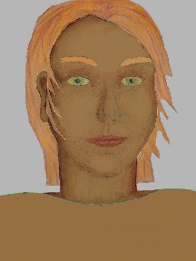 a portrait of a person with caramel skin, red hair, and a sienna coloured shirt