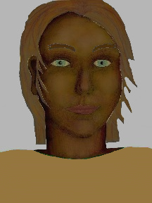 a portrait of a person with chocolate skin, brown hair, and a sienna coloured shirt