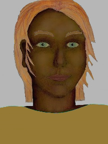 a portrait of a person with chocolate skin, red hair, and a sienna coloured shirt