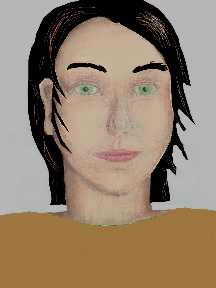 a portrait of a person with cream skin, black hair, and a sienna coloured shirt