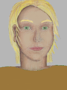 a portrait of a person with cream skin, blonde hair, and a sienna coloured shirt