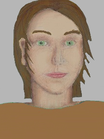 a portrait of a person with cream skin, brown hair, and a sienna coloured shirt