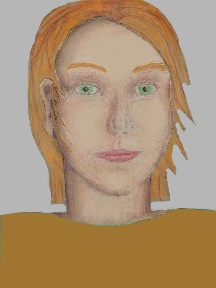 a portrait of a person with cream skin, red hair, and a sienna coloured shirt
