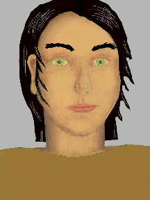 a portrait of a person with golden skin, black hair, and a sienna coloured shirt