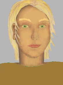 a portrait of a person with golden skin, blonde hair, and a sienna coloured shirt