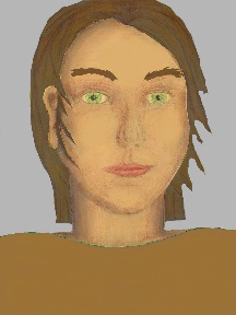 a portrait of a person with golden skin, brown hair, and a sienna coloured shirt