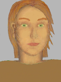 a portrait of a person with golden skin, red hair, and a sienna coloured shirt