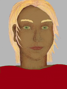 a portrait of a person with caramel skin, blonde hair, and a red coloured shirt
