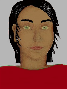 a portrait of a person with caramel skin, black hair, and a red coloured shirt