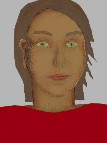 a portrait of a person with caramel skin, brown hair, and a red coloured shirt