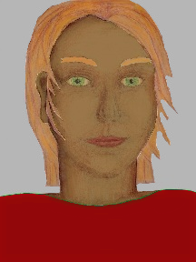 a portrait of a person with caramel skin, red hair, and a red coloured shirt