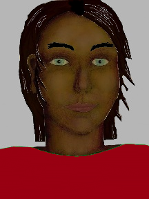 a portrait of a person with chocolate skin, black hair, and a red shirt