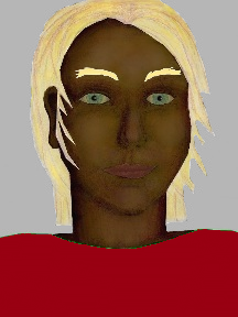 a portrait of a person with chocolate skin, blonde hair, and a red coloured shirt