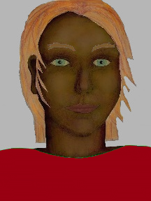 a portrait of a person with chocolate skin, red hair, and a red coloured shirt