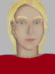 a portrait of a person with cream skin, blonde hair, and a red coloured shirt