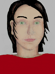 a portrait of a person with cream skin, black hair, and a red coloured shirt