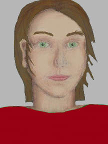 a portrait of a person with cream skin, brown hair, and a red coloured shirt