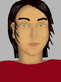 a portrait of a person with golden skin, black hair, and a red coloured shirt