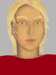 a portrait of a person with golden skin, blonde hair, and a red coloured shirt