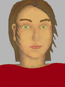 a portrait of a person with golden skin, brown hair, and a red coloured shirt