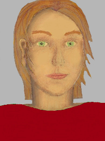 a portrait of a person with golden skin, red hair, and a red coloured shirt