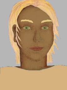 a portrait of a person with caramel skin, blonde hair, and a tan coloured shirt