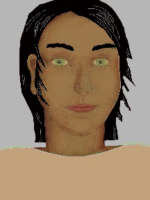 a portrait of a person with caramel skin, black hair, and a tan coloured shirt