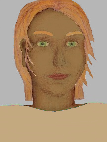 a portrait of a person with caramel skin, red hair, and a tan coloured shirt