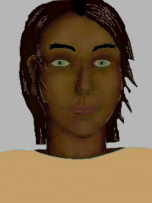 a portrait of a person with chocolate skin, black hair, and a tan coloured shirt
