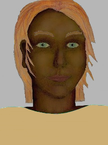 a portrait of a person with chocolate skin, red hair, and a tan coloured shirt