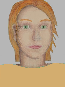 a portrait of a person with cream skin, red hair, and a tan coloured shirt