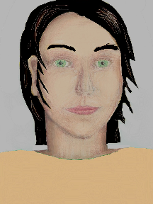 a portrait of a person with cream skin, black hair, and a tan coloured shirt
