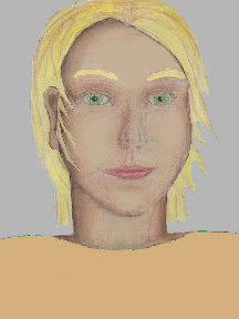 a portrait of a person with cream skin, blonde hair, and a tan coloured shirt