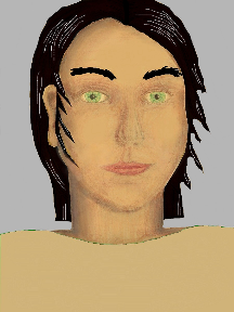 a portrait of a person with golden skin, black hair, and a tan coloured shirt