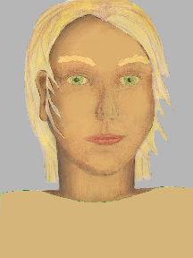a portrait of a person with golden skin, blonde hair, and a tan coloured shirt