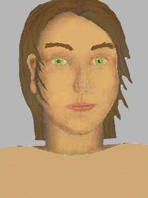 a portrait of a person with golden skin, brown hair, and a tan coloured shirt