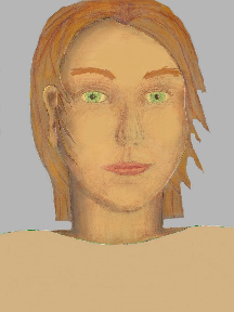 a portrait of a person with golden skin, red hair, and a tan coloured shirt