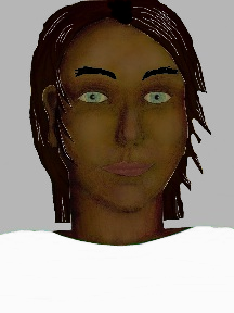 a portrait of a person with chocolate skin, black hair, and a white shirt